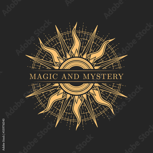 Magic mystery, occult astrology and witchcraft icon with sun or star rays. Religion sacred symbol or seal, mason esoteric sign. Astrology icon, magic emblem or tattoo, occultism symbol
