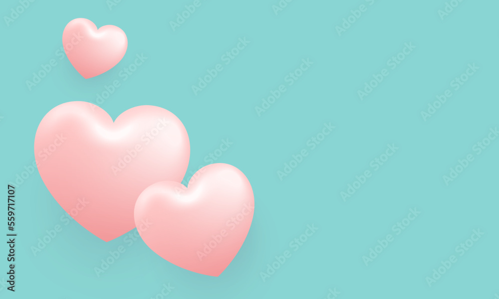 Love Happy Valentine's day background illustration. Beautiful Turquoise background with realistic three big heart