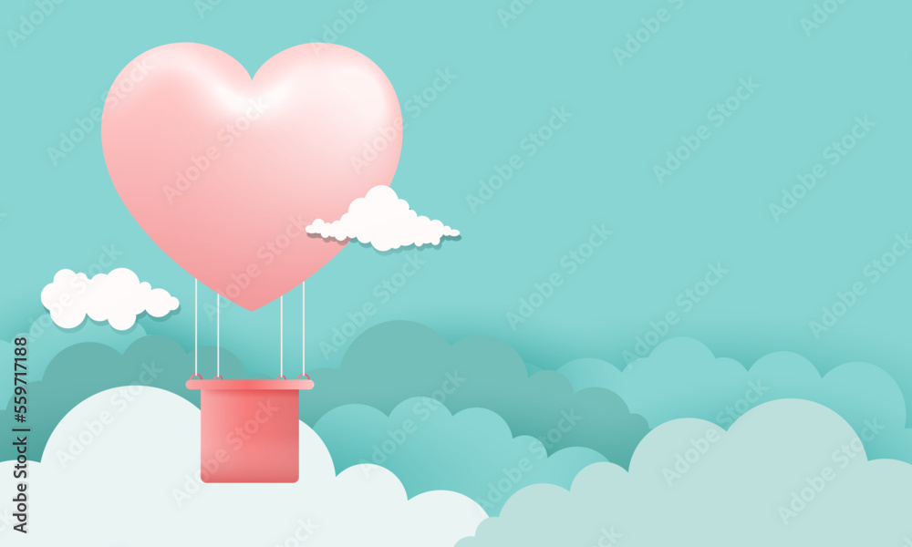 Love Happy Valentine's day background illustration. Beautiful Turquoise background with realistic big 
air balloon and cloud
