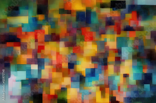 Watercolor background with many colorful squares objects . Generative AI