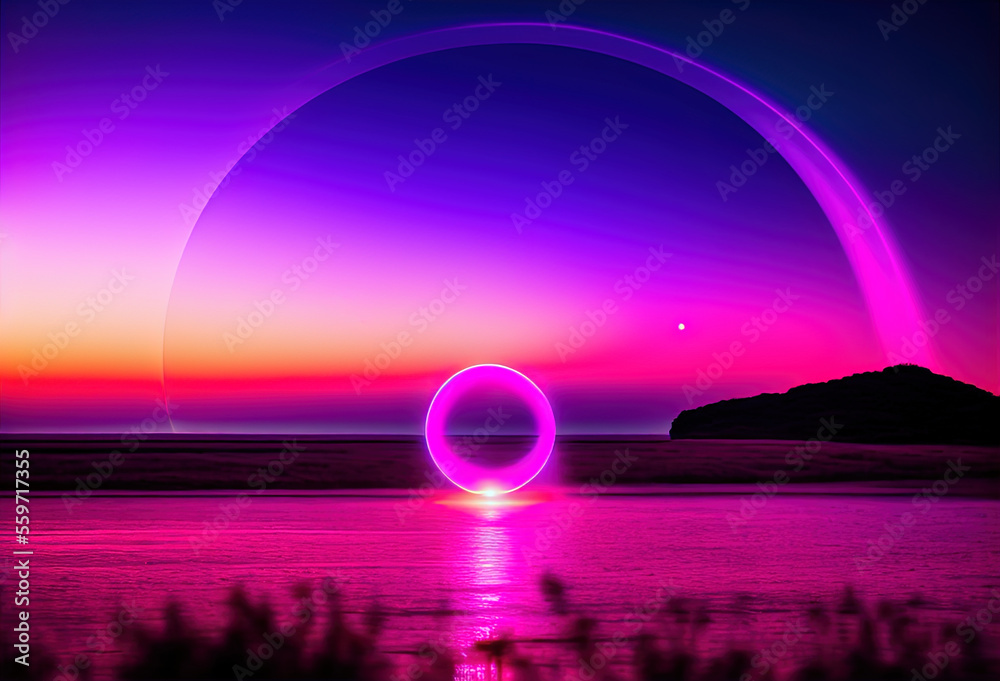 purple afternoon sky with magic circle . Generative AI