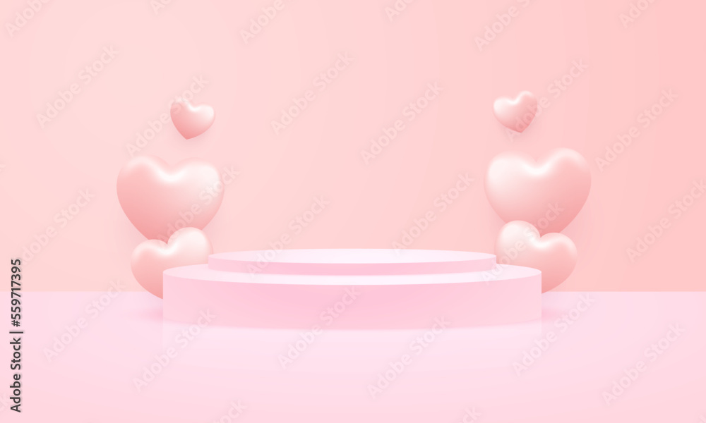 Love Happy Valentine's day background illustration. Beautiful pink background with realistic stage Podium and many heart