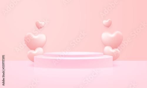 Love Happy Valentine's day background illustration. Beautiful pink background with realistic stage Podium and many heart