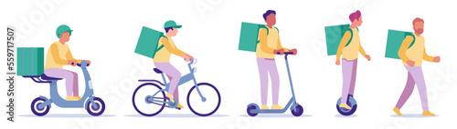 Express delivery courier service. Meal shipping. Male driving moped or scooter. Man delivering orders on foot or by bike. Deliveryman with backpack riding monowheel. Vector delivers set