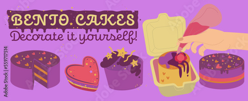 Korean Bento mini box cake. Horizontal poster.