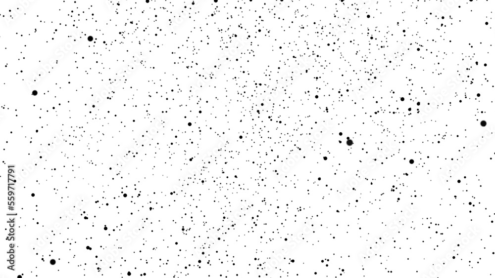 A stream of dots down on a white background of 4k motion graphics. Dark objects on a white background. Black snow is falling. Shapes of different sizes.