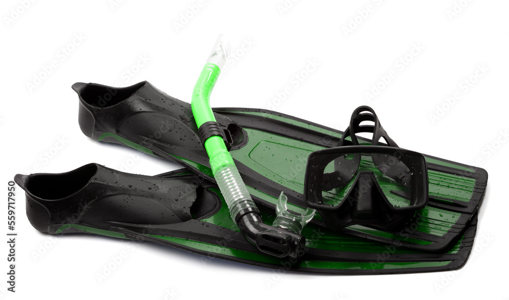 Mask, snorkel and flippers with water drops Mask, snorkel and flippers with water drops