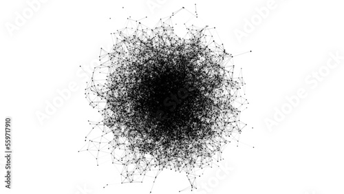 A sphere of black dots connected by 4k resembling a swarm of bees. Motion design motion graphics black plexus. White background