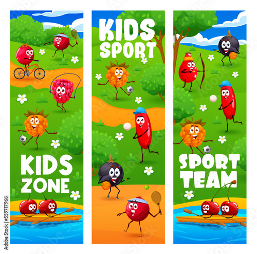 Kids sport zone cartoon cheerful berry characters on sport zone. Vector banners with raspberry  cherry  black currant and cloudberry with rose hip  cranberry and barberry personages summer activities