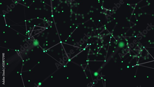 The design of the movement is a combination of green particles. Motion graphics are green dust connected by kelly plexuses 4k. The blue web is blurred by a dark background