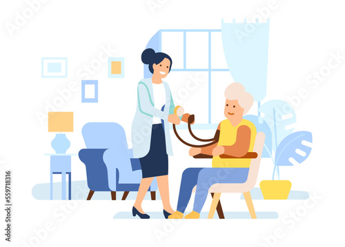 Nurse cares for old people. Senior patients assistance. Caregiver measures pressure of grandmother. Nursing home. Grandparent sitting in armchair. Help to pensioner. Vector concept