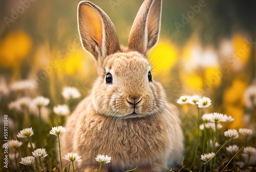 Cute Easter Rabbit Standing In Spring Flowers Field Generative AI