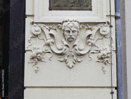 Amsterdam Spui Square Sculpted Building Facade Decoration Depicting a Man's Head, Netherlands