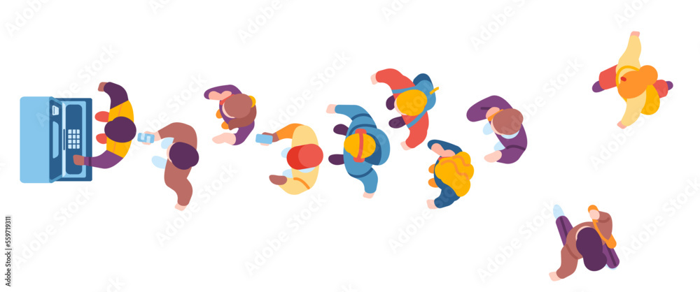 Fototapeta premium Queue of different people to payment terminal. Waiting line at ATM top view. Standing men and women. Banking transfer automated machine. Money transactions. Citizens group. Vector concept