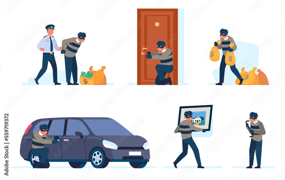 Robber commits robbery. Gangster crimes. Burglar breaking door. Car or masterpiece thefts. Police officer arresting housebreaker with stolen money. Man stealing cash. Vector criminal set Robber commits robbery. Gangster crimes. Burglar breaking door. Car or masterpiece thefts. Police officer arresting housebreaker with stolen money. Man stealing cash. Vector criminal set