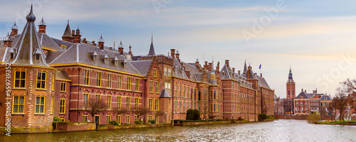 Sunset on the Binnenhof building and The Hague city and the pond, Netherlands