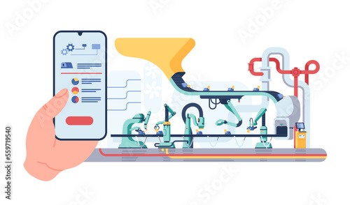 Smartphone for assembly line control. Mobile application. Conveyor belt. Automatic industrial production. Engineer monitoring manufacture by phone app. Modern industry. Vector concept