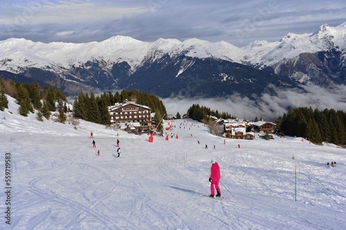 skiing in ski resort Courchevel in French alps