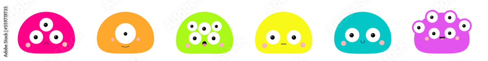 Monster round face head set. Cute cartoon kawaii scary funny character. Happy Halloween. Colorful silhouette. Baby collection. Different emotion. T-shirt design. Flat design. White background. Monster round face head set. Cute cartoon kawaii scary funny character. Happy Halloween. Colorful silhouette. Baby collection. Different emotion. T-shirt design. Flat design. White background.