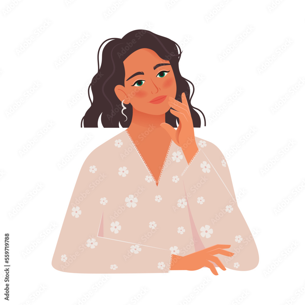 Beautiful thinking woman. Vector illustration in flat style Beautiful thinking woman. Vector illustration in flat style