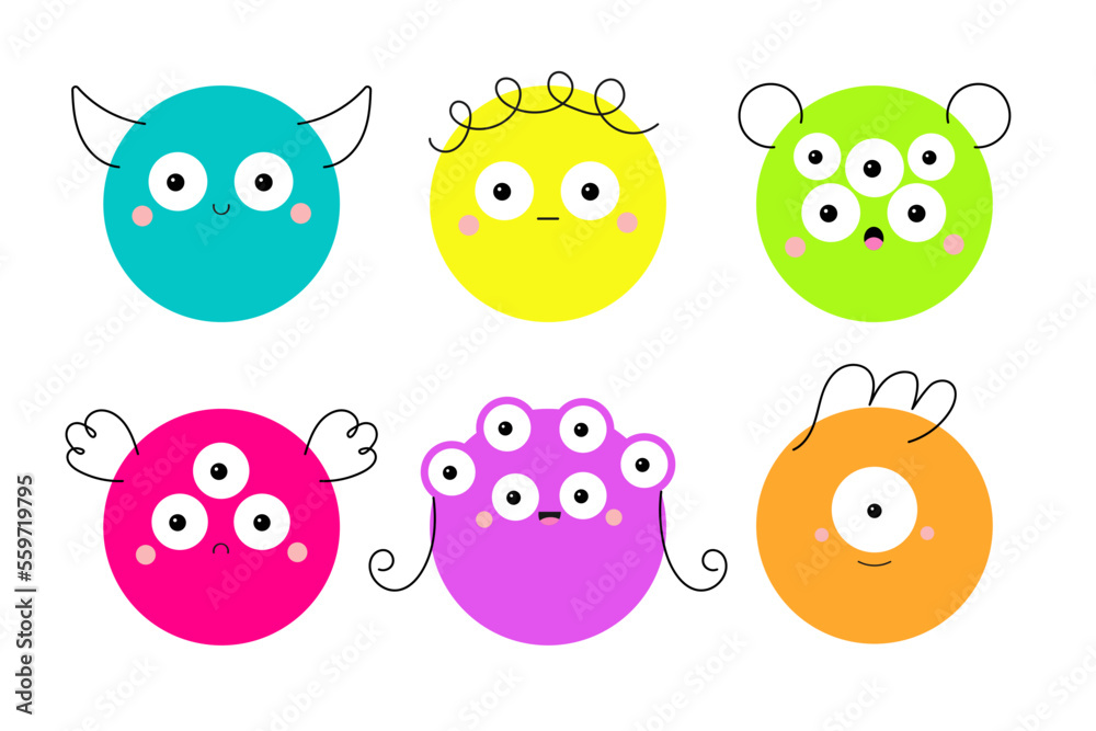 Obraz premium Happy Halloween. Monster face set. Cute cartoon kawaii scary funny character. Round head. Colorful silhouette. Contour line doodle. Baby collection. T-shirt design. Flat design. White background.