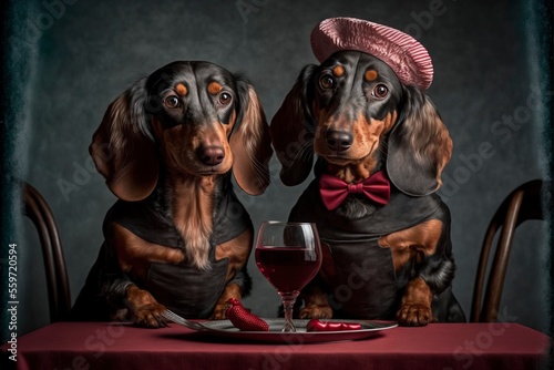 Two Dachshund dogs dressed up on a date for valentines day - generative ai © Imagination Station