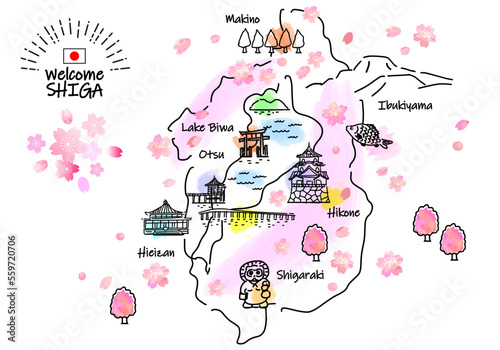 春の滋賀県の観光地のシンプル線画イラストマップ（ピンク）