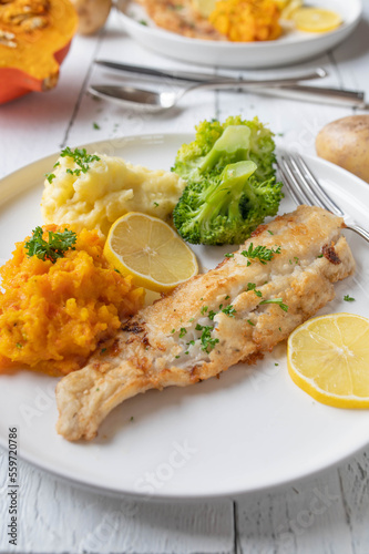 Pan fried  fish fillet with mashed potato, pumpkin puree and broccoli on a plate on white background