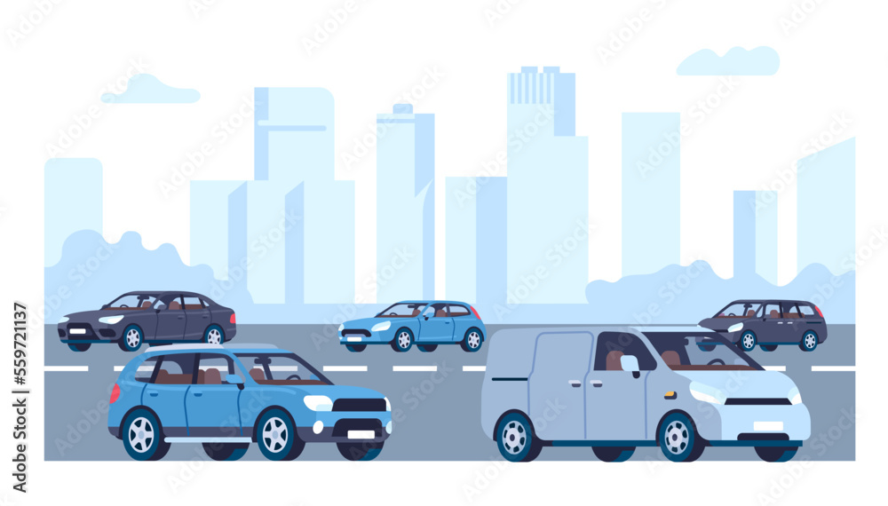 Urban landscape with cars. Automobiles drive on highway. City vehicle transportation. Downtown scenery with skyscrapers and transport. Minivans and sedans. Roadway panorama. Vector concept