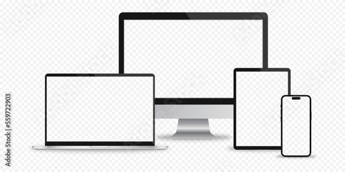 Realistic set computer, laptop, tablet and smartphone. Device screen mockup. Vector illustration