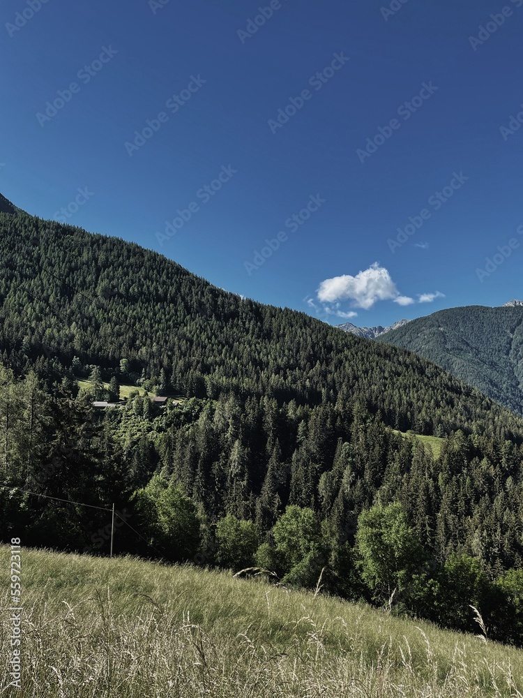 Picturesque view of mountain hill, forest, sky and clouds. Scenic nature landscape. Summer vacation travel