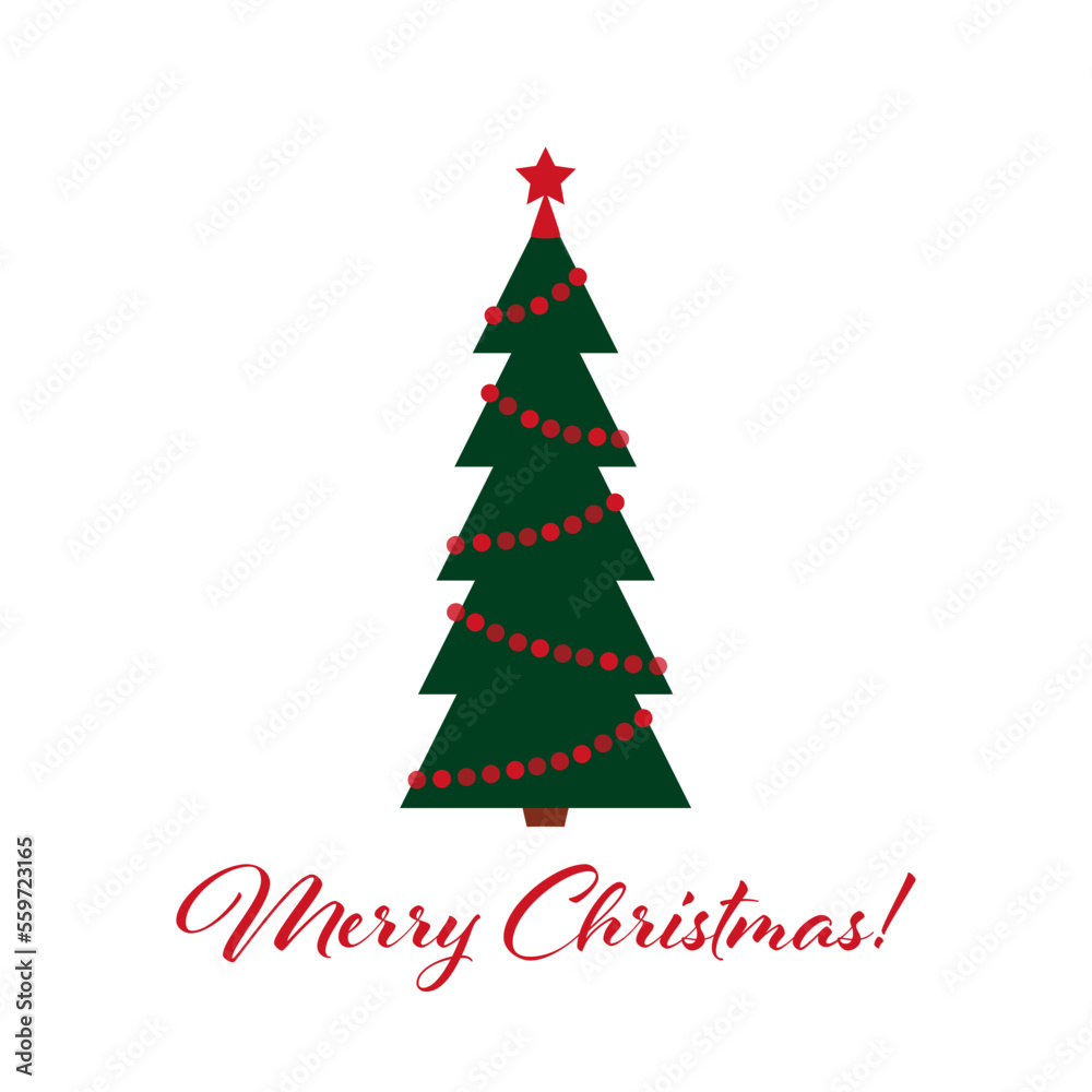 Christmas tree decorated with red garland and a star on the top. Text Merry Christmas.
Christmas tree decorated with red garland and a star on the top. Text Merry Christmas.