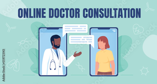 Online doctor consultation flat vector banner template. Telecommunication with therapist poster, leaflet printable color designs. Editable flyer page with text space. Anton Regular font used