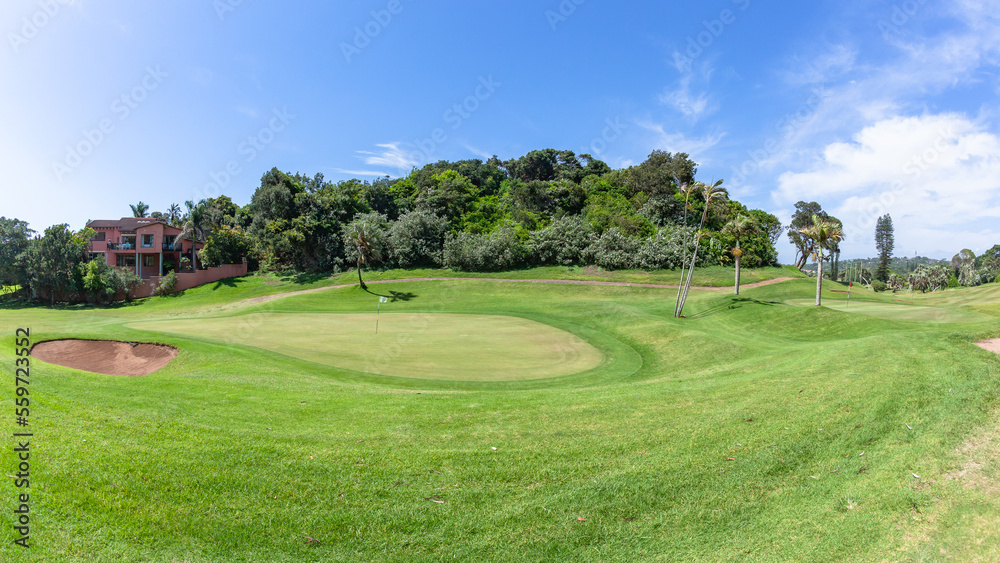 Golf Course Two Holes Putting Greens Summer Coastal Lifestyle Landscape.