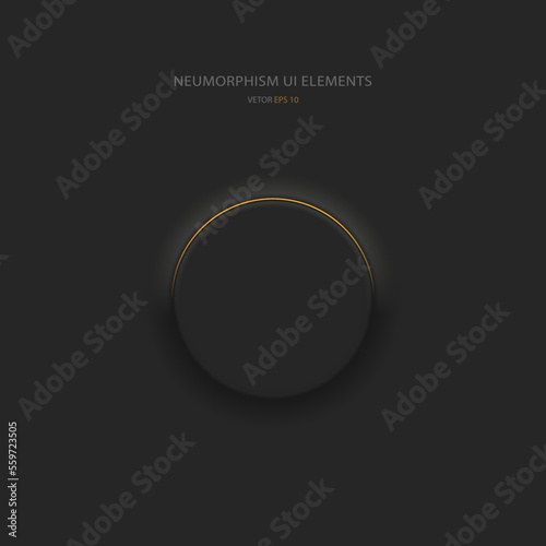 Round black button in Neumorphic style with orange backlight. User interface design elements. Vector illustration.