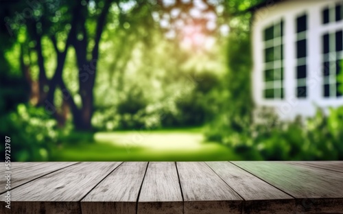Wooden Table With Green Home Backyard View Blur Generative AI