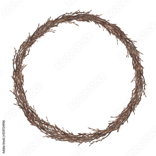 Willow wreath withe watercolor with autumn twigs isolated on white. Hand drawing Thanksgiving illustration design