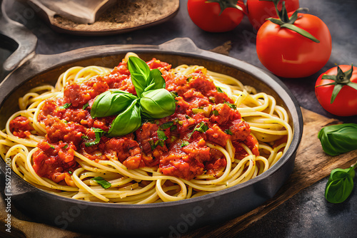 Spaghetti with tomato sauce and basil. Generative AI
