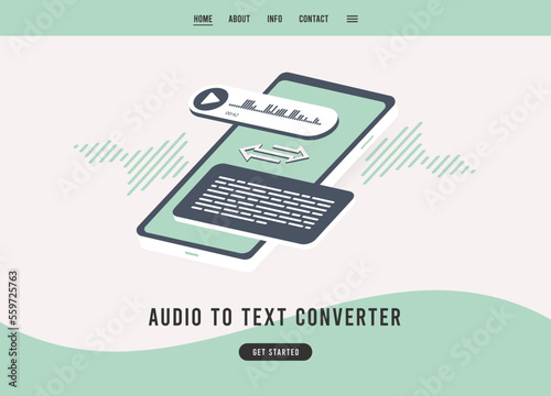 Audio to text converter concept. Transcribe voice audio messages to plain text. Online speech-to-text convert flat design vector e-commerce landing page template photo