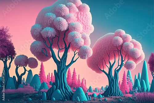 Fairy tale forest with cotton candy trees in pastel colors, Gerative Ai photo