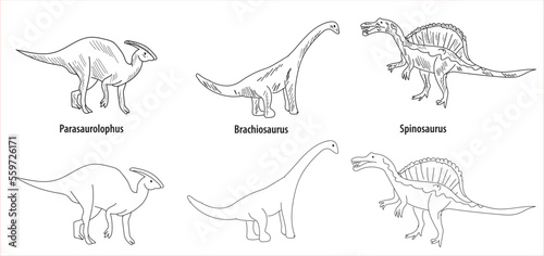line and hatch drawing 6 dinosaur drawings vector illustration. parasaurolophus, brachiosaurus, spinosaurus, dicraeosaurus, acanthopholis, stegosaurus