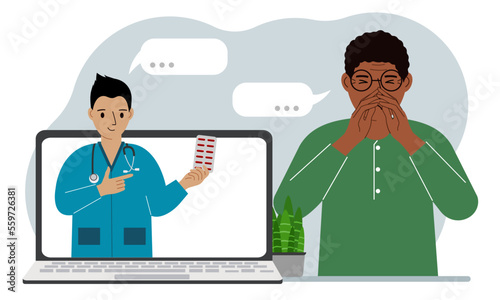 Online consultation with a doctor. A man in pain holds his hands to his face and communicates through a laptop with a doctor.
