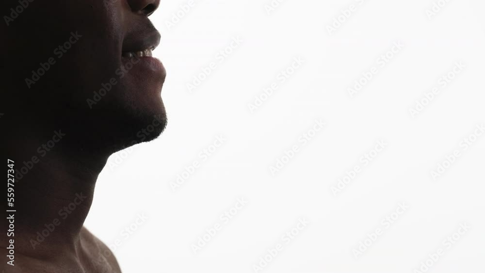 Man smile profile silhouette. Positive emotion. Cropped closeup of unrecognizable happy cheerful guy face isolated on white empty space background. Man smile profile silhouette. Positive emotion. Cropped closeup of unrecognizable happy cheerful guy face isolated on white empty space background.