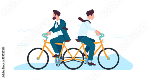 Two businessmen cycling in opposite directions. Different path. Conflict in office team. People riding bikes. Dispute and workers disagreement. Inefficient teamwork. Vector concept