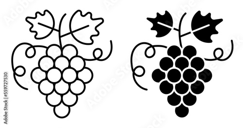 Linear icon, juicy bunch of grapes with leaves and tendrils. Fruit diet and healthy eating. Simple black and white vector isolated on white background