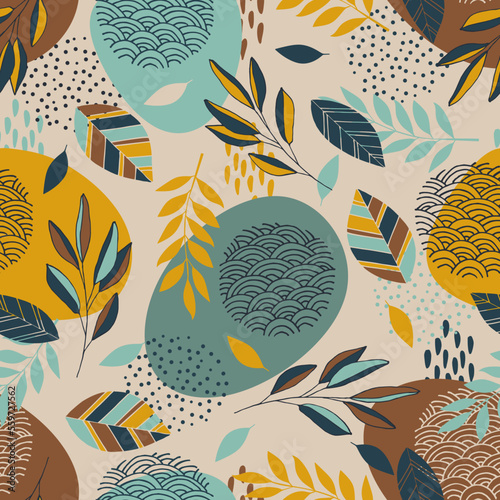 Modern seamless pattern with tropical leaves, geo elements for minimalist art print, textile, boho wallpaper decor. Vector illustration