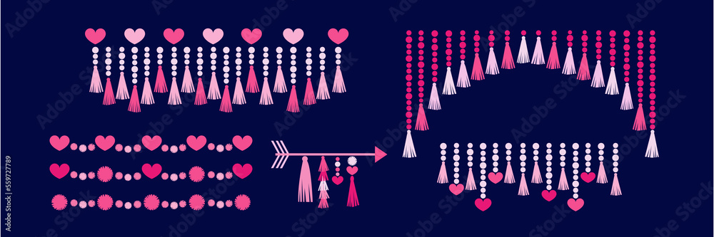 Valentine's day decoration set garlands and buntings made of tassels, stars, beads. Party supplies. Flat vector illustration Valentine's day decoration set garlands and buntings made of tassels, stars, beads. Party supplies. Flat vector illustration