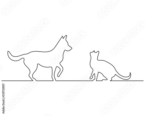 One line illustration of a dog and cat. Single line art. Cat and dog
