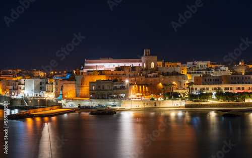 A night view of Otranto, a picturesque town on the Adriatic coast of Puglia, Italy. The lights of the buildings and the harbor are reflected in the calm water. © Jeroen Kleiberg