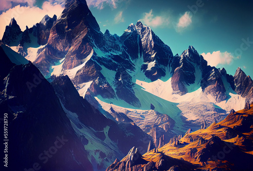 Fantastic mountain peaks with snow on top. Picturesque landscape with Alps. Generative Ai Art.
